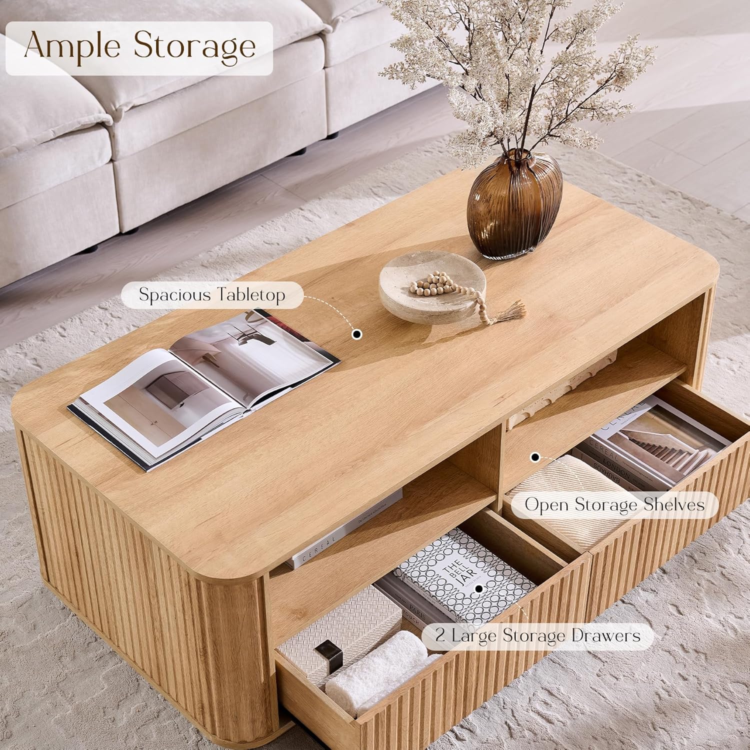 ACCOHOHO 51' Fluted Coffee Table with Storage, Large Modern Center Table with 2 Drawers, Rectangle Wood Coffee Table for Living Room,Natural Oak