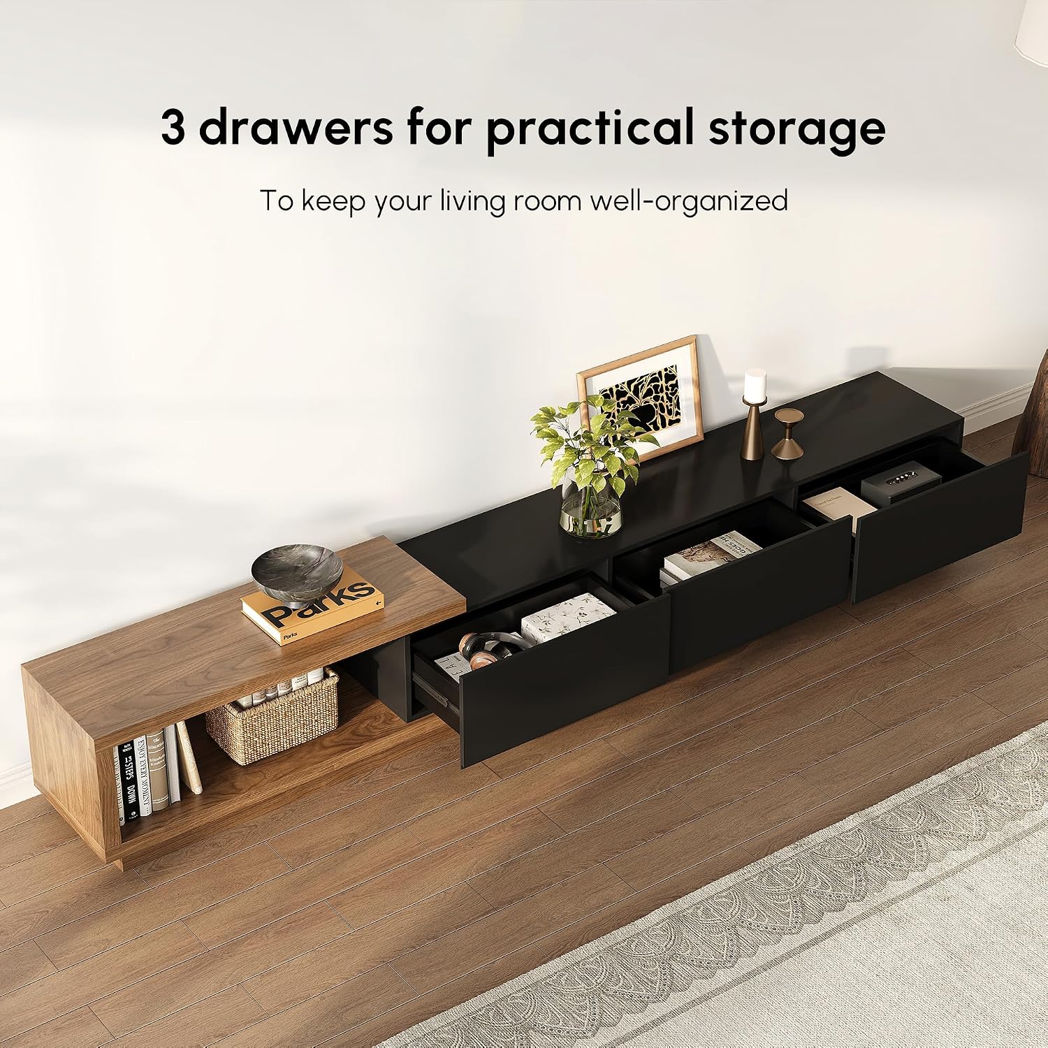 homary Extendable TV Stand, Adjustable Width Modern Media Console with 3 Drawers, Premium MDF Entertainment Center for 71–100 Inch TVs, Living Room & Apartment