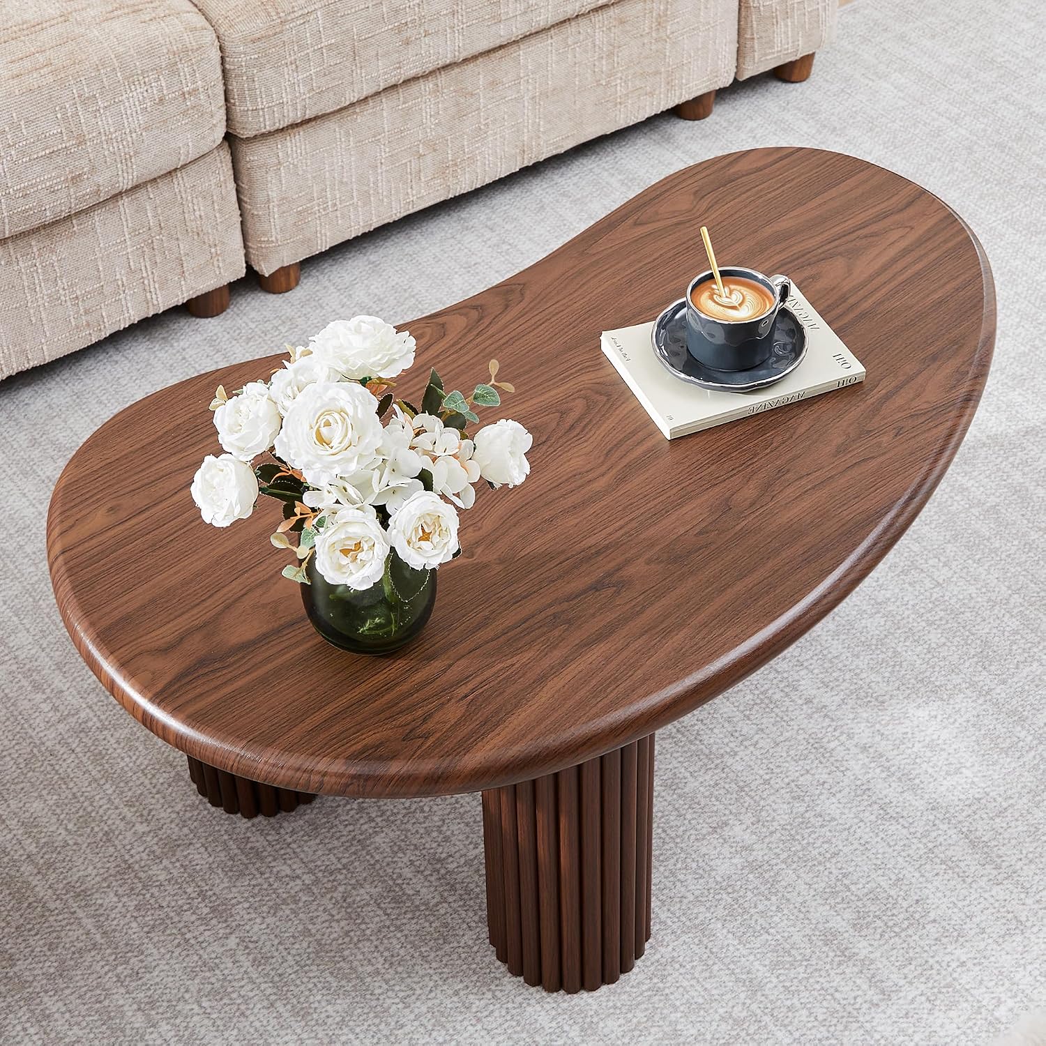 Fluted Coffee Table, 39'' Farmhouse Coffee Tables for Living Room, Low Wood Accent Center Table Small Tea Table with Sturdy Base & Rounded Corners for Small Space Home Office (Walnut)