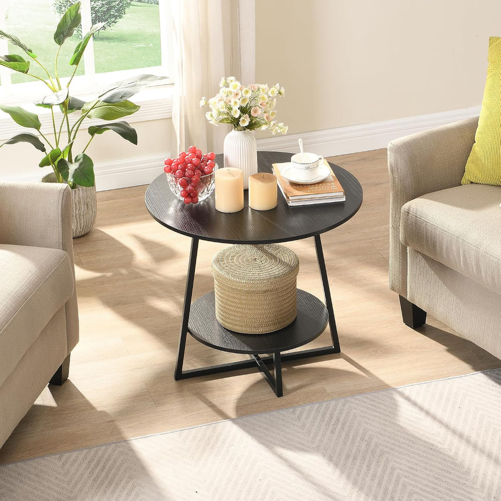 D&H FURNIMMT 20' Living Room Side Table Set of 2 for Small Spaces, 2 Tier Wood Top Round End Tables with Storage Shelf, Accent Sofa Table for Bedroom, Office, Sunroom, Balcony, Black