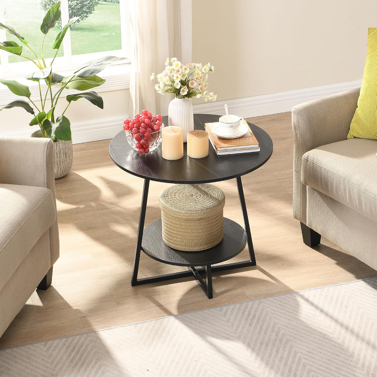 D&H FURNIMMT 20' Living Room Side Table Set of 2 for Small Spaces, 2 Tier Wood Top Round End Tables with Storage Shelf, Accent Sofa Table for Bedroom, Office, Sunroom, Balcony, Black