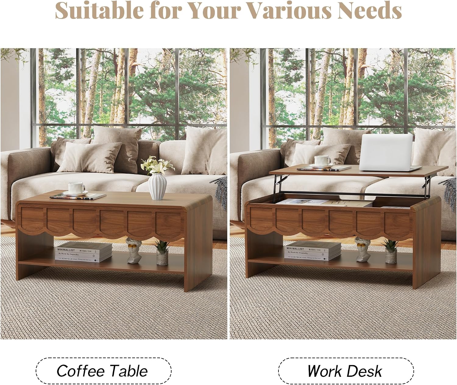 Lift Top Coffee Table with Hidden Compartment, 2 Tier Wooden Center Table with Wave Panel, Modern Lift Tabletop for Home Living Room Office, Walnut