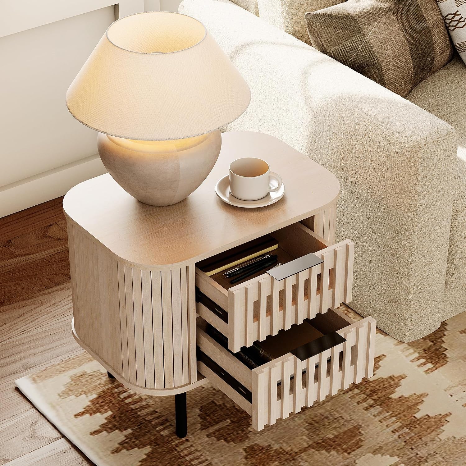 WAMPAT Fluted Nightstand, Modern Wooden End Table with 2 Drawer, Storage Bedside Table for Bedroom and Living Room, Natural, 1 Pack