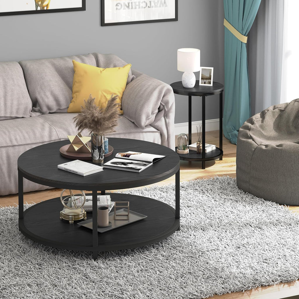 NSdirect Round Side Table Set of 2,16in Rustic Wooden End Table Surface Top & Sturdy Metal Legs Nightstand for Living Room Bedroom Farmhouse Sofa Table with Storage Open Shelf,Black