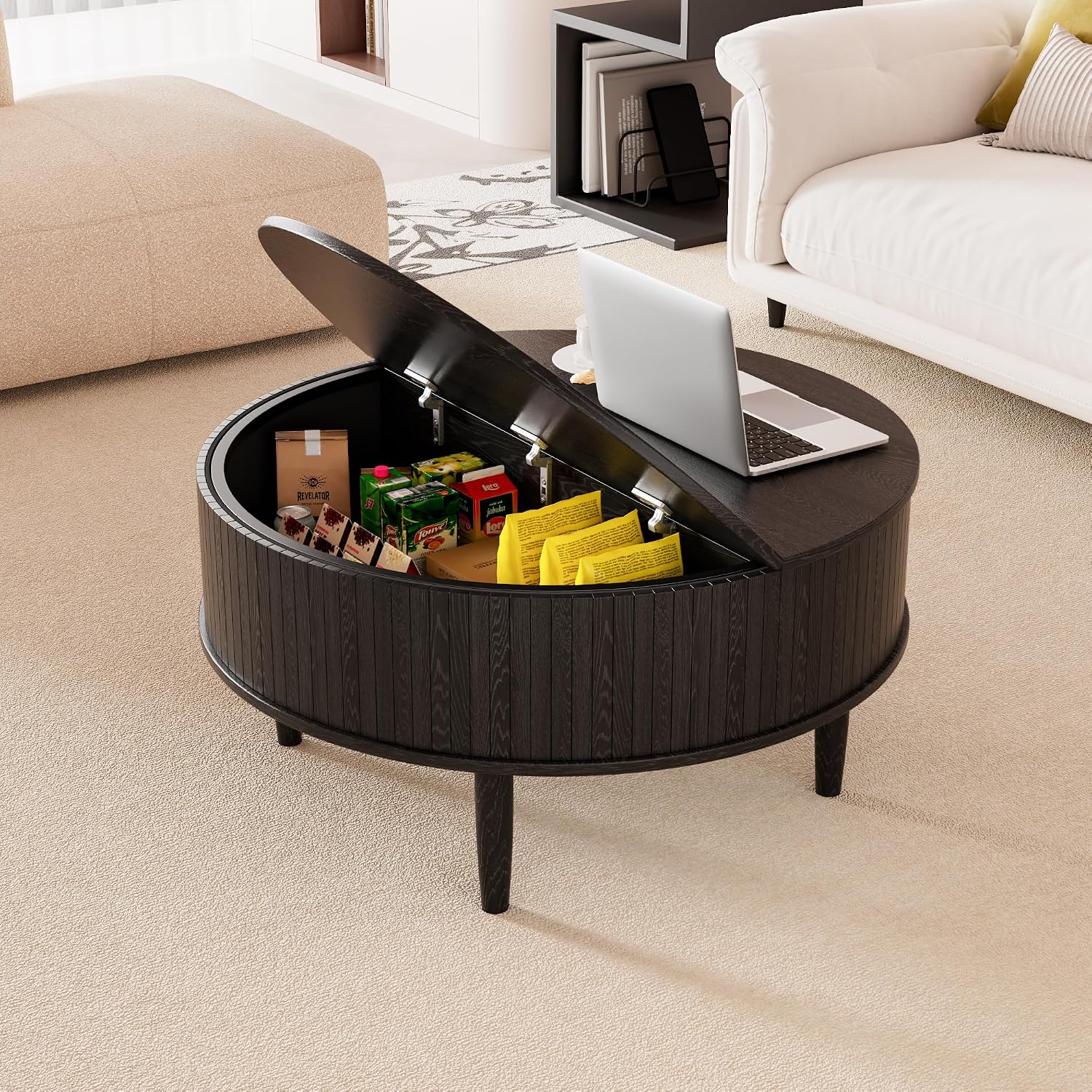 Round Fluted Lift Top Coffee Table with Storage, Mid Century Modern Coffee Table for Living Room, Home Small Space,31.5' Fluted Center Table (Black, 31.5inch)