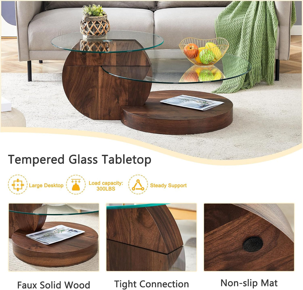 Round Glass Coffee Table, Modern Tempered Glass Coffee Tables for Living Room, 3-Tier Circle Walnut Coffee Table with Storage Clear Cocktail Table for Small Space Home Office