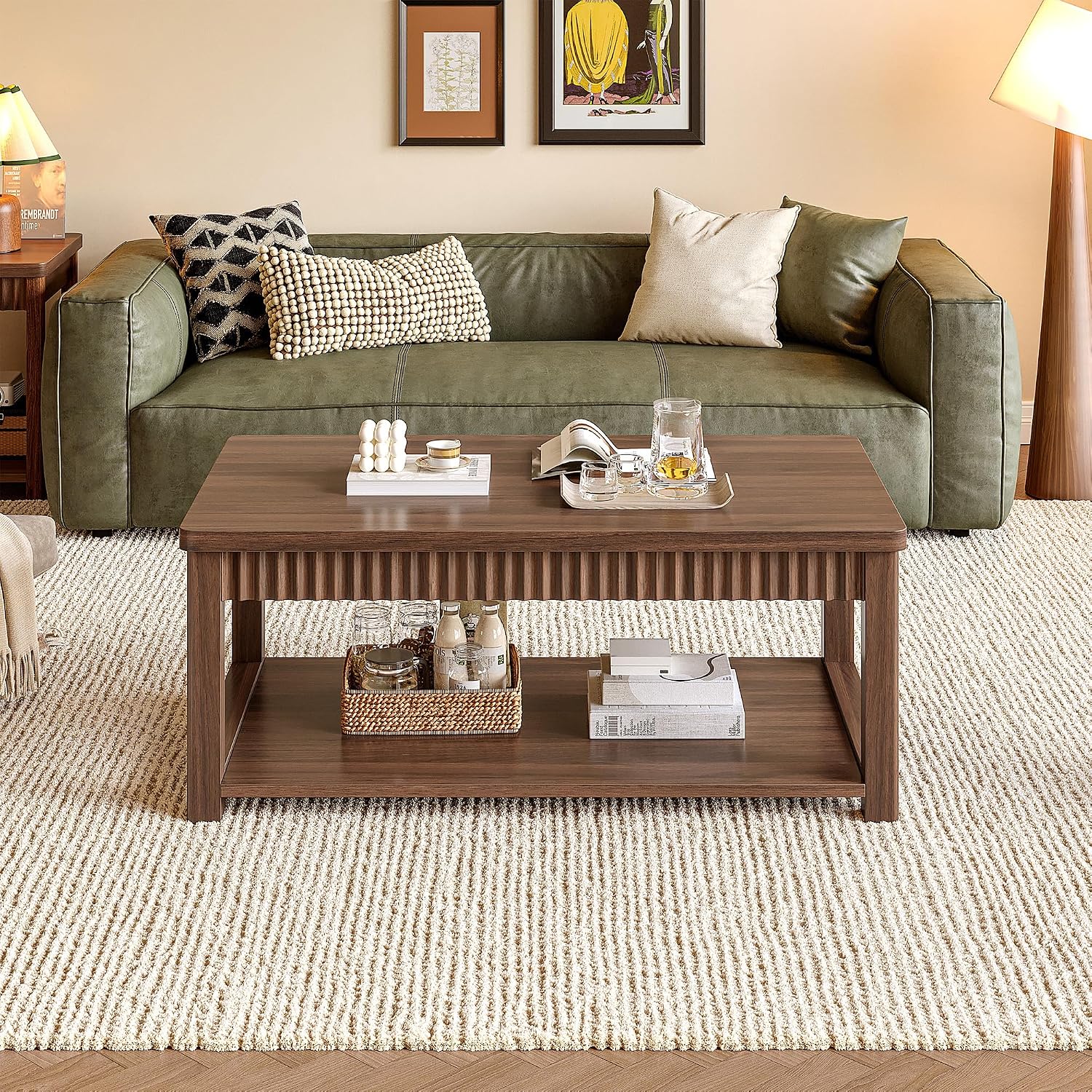 Homkdom Coffee Table, 39 Inch Modern Coffee Tables for Living Room with 2-Tier Storage & Wave-Edge, Walnut Center Table for Bedroom/Office