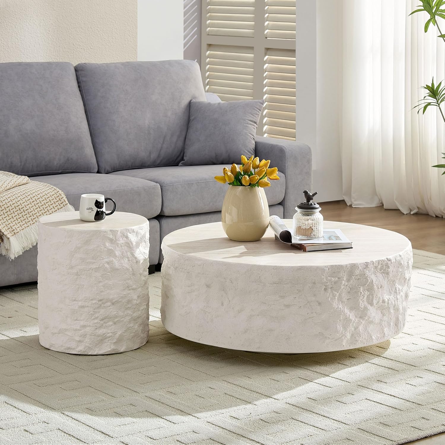Round Coffee Table Set of 2 for Living Room Modern Drum Center Table Circle Side Tables for Apartment, No Need Assembly (Fiberglass 35.43'' &15.75'' Cement Stone Pattern)