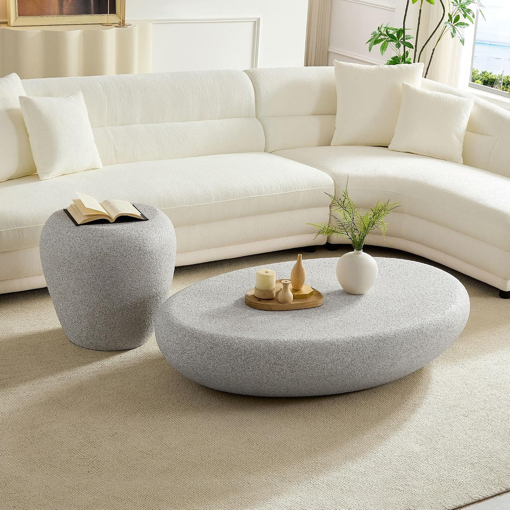 Modern Side Table for Living Room, Irregular Faux Stone Bedside Table Drum End Table Durable Accent Tables for Small Space, No Need Assembly, Beige