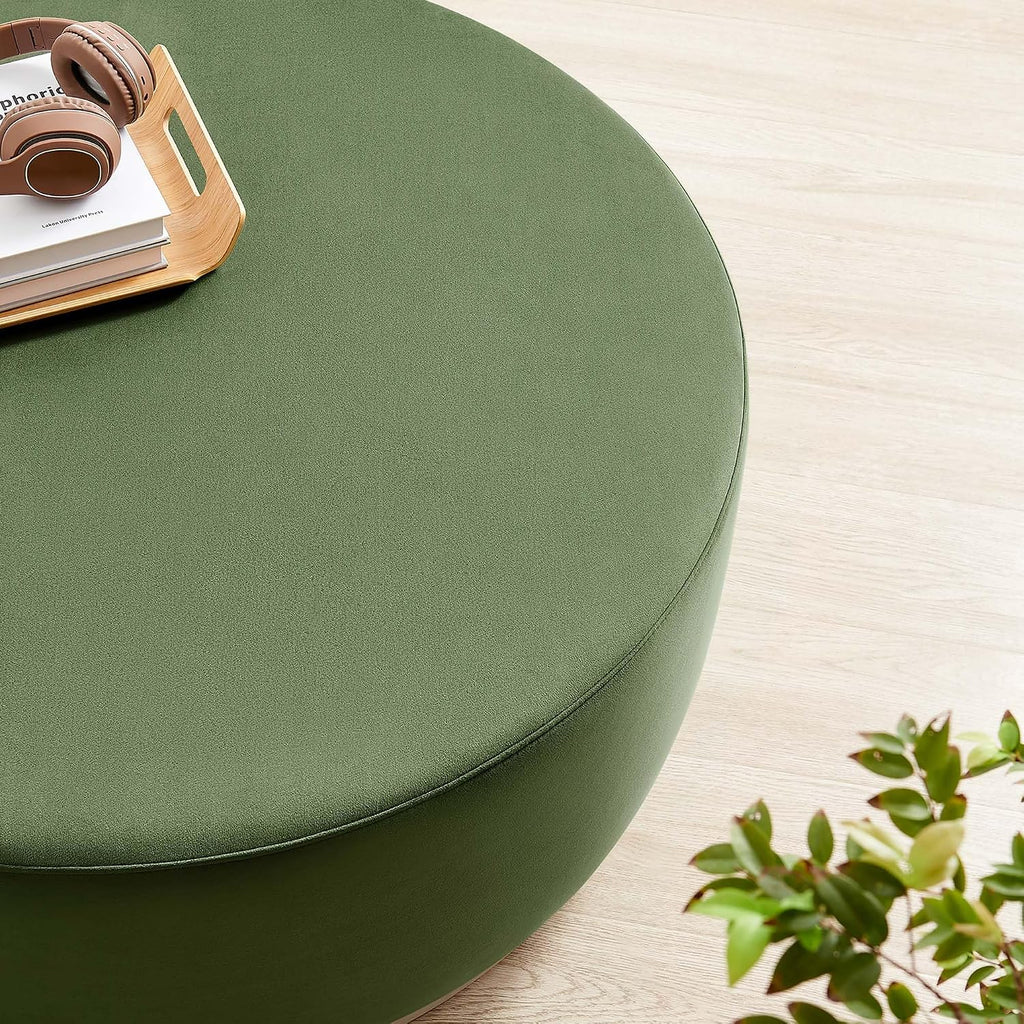 Modway Tilden 38 Inch Round Performance Velvet Upholstered Ottoman in Moss Green Natural - Round Ottoman Coffee Table for Living Room, Large Ottoman Foot Rest with Rubberwood Plinth Base