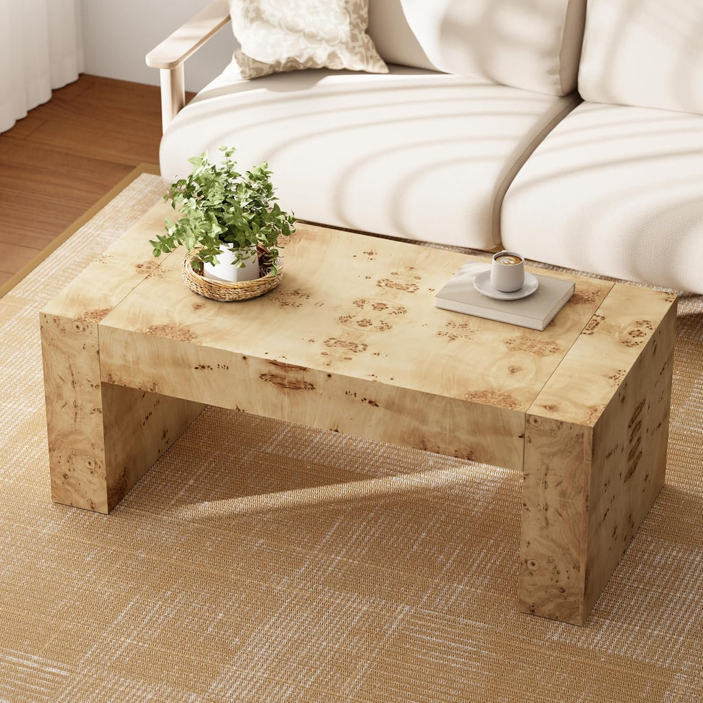 COZAYH Burl Finish Modern Wood Coffee Table with Thick Legs, Rectangular Living Room Center Table, Elegant and Sturdy Design, Farmhouse Style for Home Decor, Office, Natural