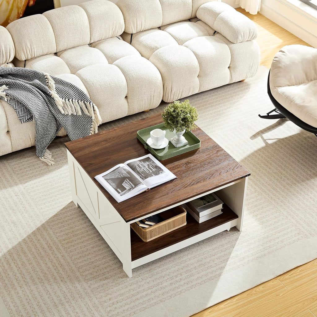 OKYCI Farmhouse Coffee Table for Living Room, Wood Square Coffee Tables, 31.5' D x 31.5' W, Antique White