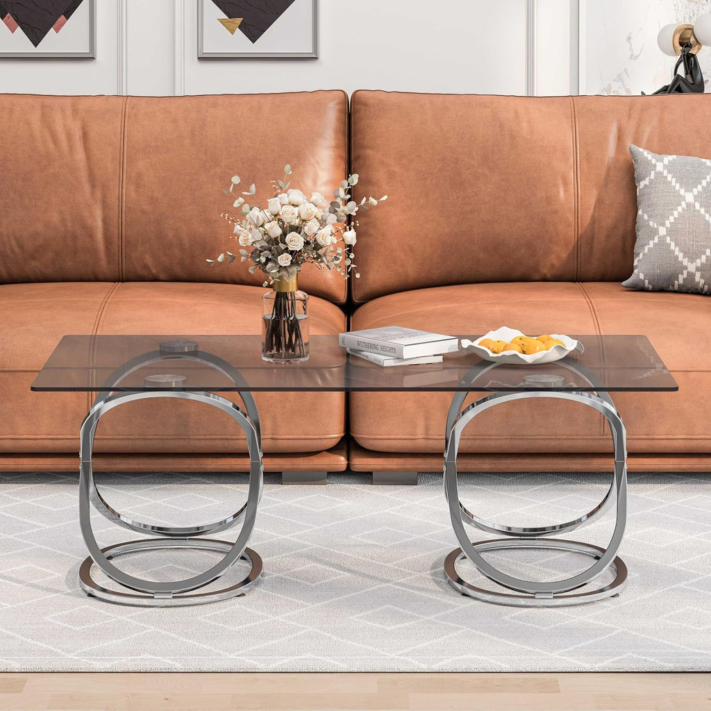 47' Rectangle Coffee Table with Tempered Glass Tabletop, Modern Chrome Ring Base, Gray, Luxury Living Room Center Table