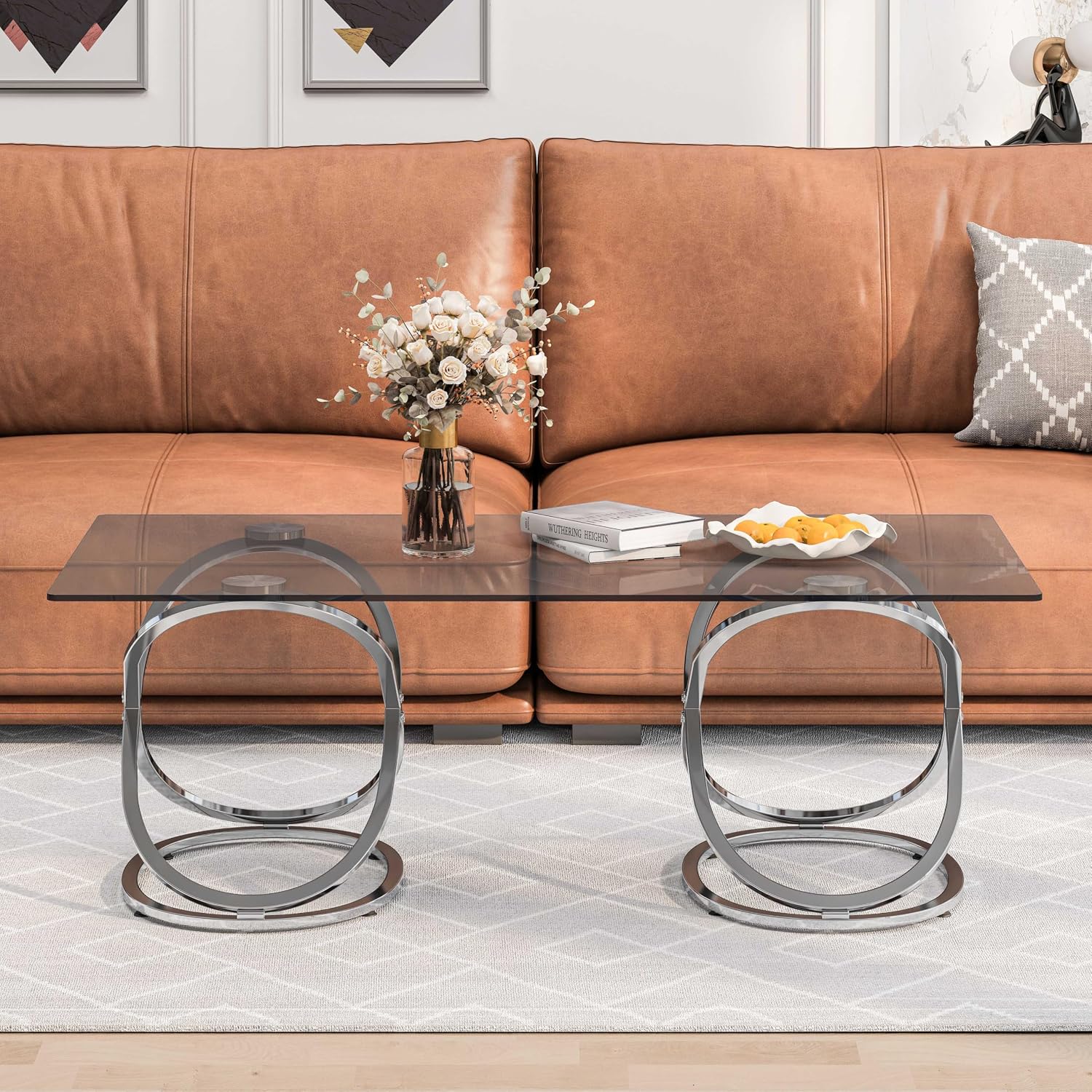 47' Rectangle Coffee Table with Tempered Glass Tabletop, Modern Chrome Ring Base, Gray, Luxury Living Room Center Table