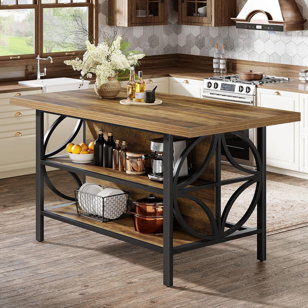 Tribesigns 62.99-Inch Kitchen Island with Storage, Kitchen Island Table with 2 Shelves and Large Worktop, Industrial Bar Table, Easy to Assemble, Rustic Brown (Stools Not Included)