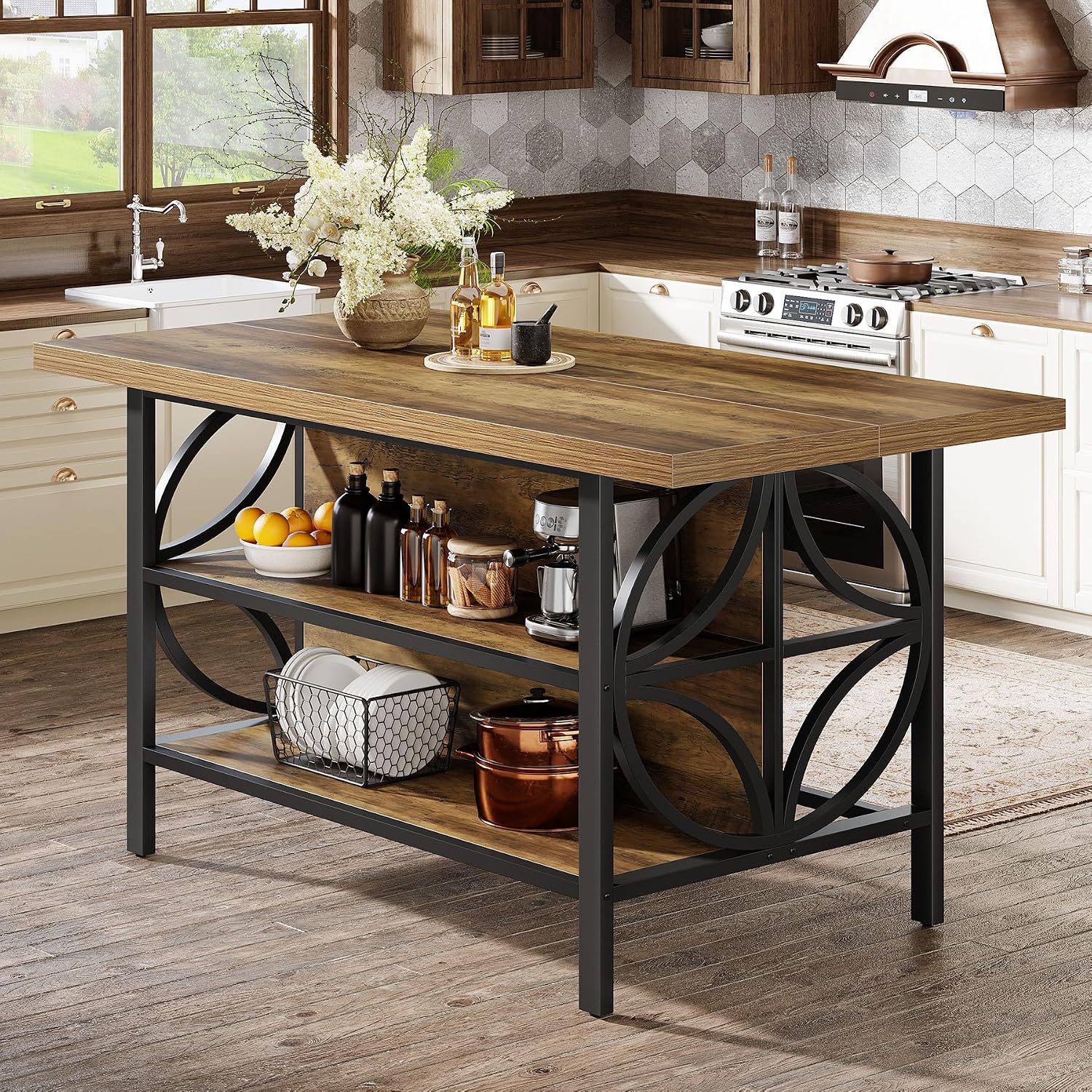 Tribesigns 62.99-Inch Kitchen Island with Storage, Kitchen Island Table with 2 Shelves and Large Worktop, Industrial Bar Table, Easy to Assemble, Rustic Brown (Stools Not Included)