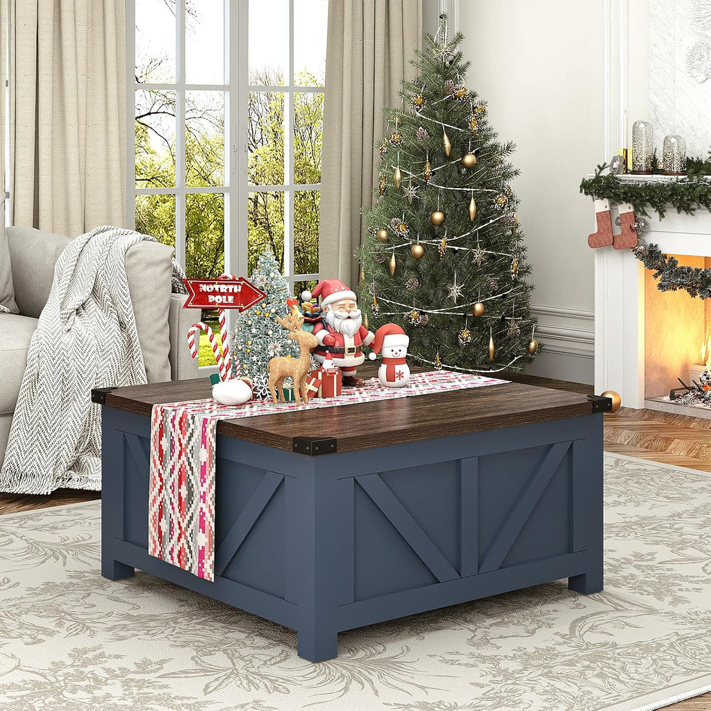 jimeimen Farmhouse Lift Top Coffee Table with Storage, Wood Square Center Table with Charging Station&USB Port, Living Room Table w/Large Hidden Space, for Living Room, Bedroom, Home Office, Blue