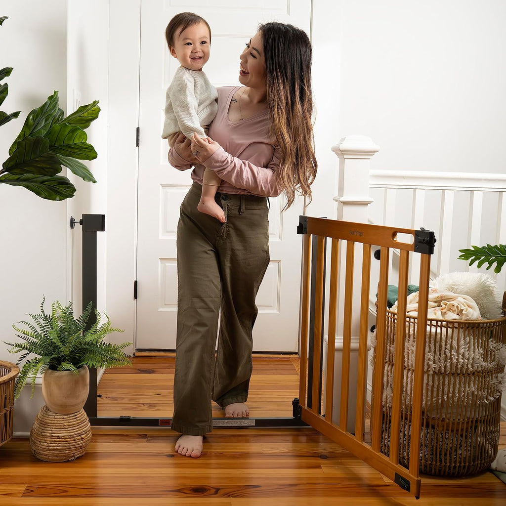 Summer Infant West End Extra Wide Safety Pet and Baby Gate, 36'-60' Wide, 30' Tall, Pressure or Hardware Mounted, Install Wall to Wall in Doorway, Auto Close Walk-Thru Door - Oak Wood and Metal