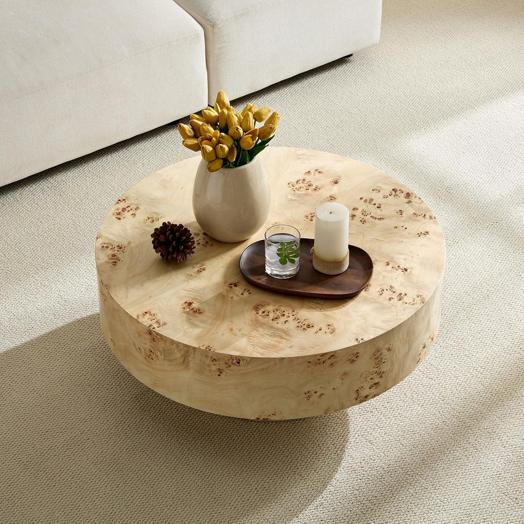 Burl Wood Coffee Table for Living Room Round Wooden Coffee Table with Pedestal 31.49' Modern Circle Center Tables Accent Tables for Apartment Easy Assembly-Natural Wood