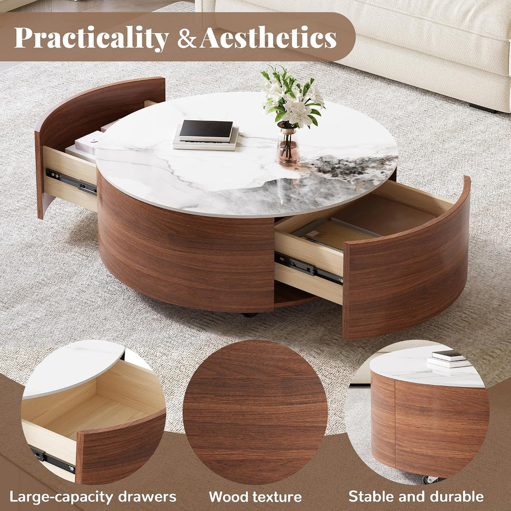 Merax 29.5' Round Coffee Table for Living Room, Movable Accent Table with Casters and 2 Storage Drawers, Marble Pattern Sintered Stone Top, Walnut