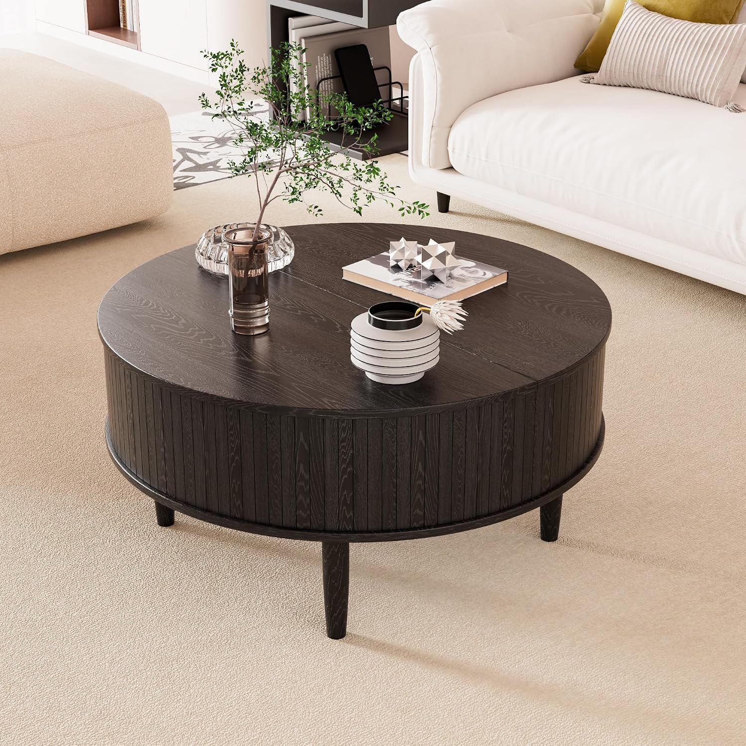 Round Fluted Lift Top Coffee Table with Storage, Mid Century Modern Coffee Table for Living Room, Home Small Space,31.5' Fluted Center Table (Black, 31.5inch)