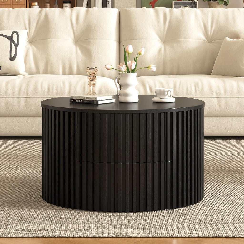 Round Lift Top Coffee Table, 29.8' Modern Fluted Wood Circle Table with Hidden Storage Drawer, Black Solid Wood & MDF Cylinder Side Table for Living Room Bedroom Small Space