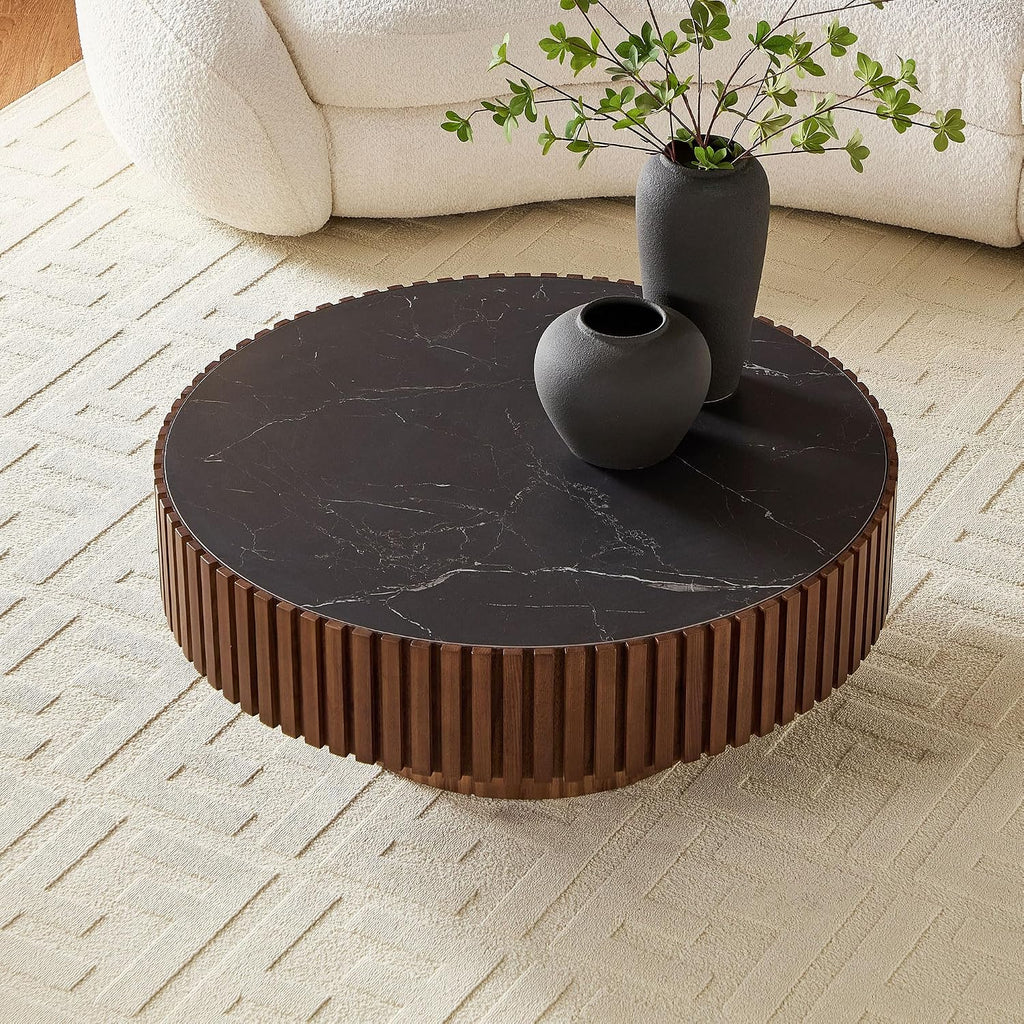 Round Coffee Table 35.43'' Circle Sintered Stone Tabletop Modern Wood Fluted Coffee Table for Living Room Apartment, Easy Assembly, Walnut
