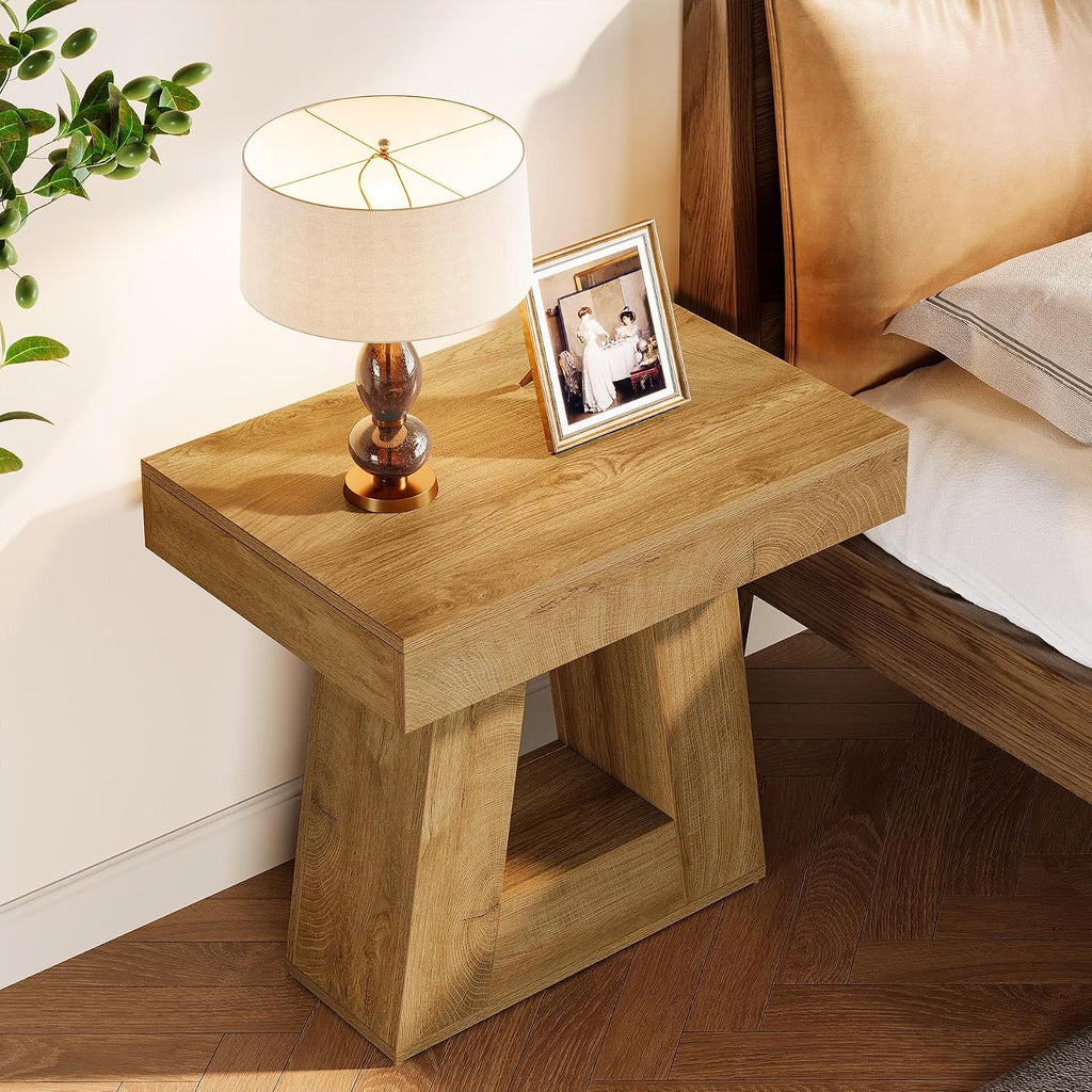 Tribesigns 24' Modern Side Table Set of 2, 2-Tier Narrow Wooden End Table with Trapezoid Base, Farmhouse Small Nightstand for Living Room, Bedroom (Natural Wood Color)