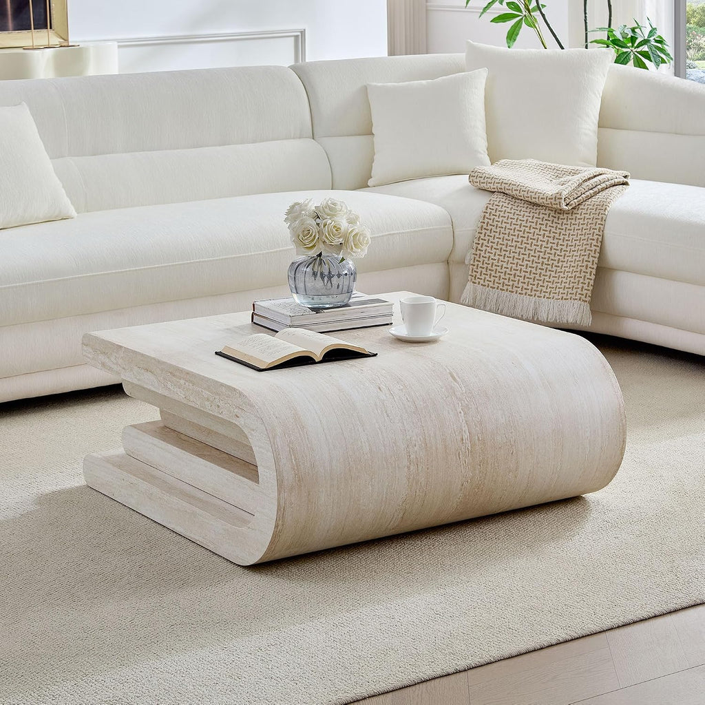Square Coffee Table 33.86' Faux Marble Pattern Wood Center Table with Layered Base for Living Romm Apartment, No Need Assembly
