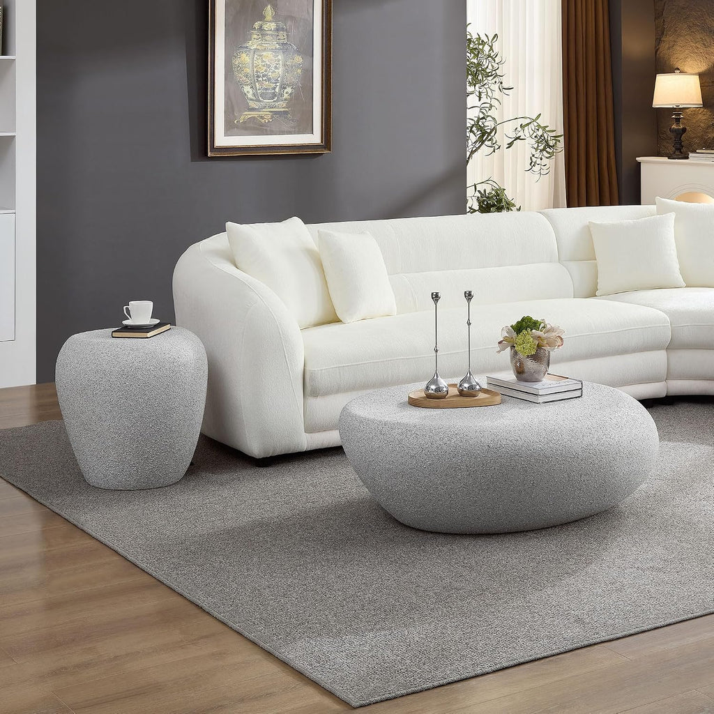 Nesting Coffee Tables Set of 2, Oval Faux Stone Coffee Table with Side Table, Modern Fiberglass Center Table & Accent Side Table Set for Living Room Apartment Office, No Need Assembly, Beige