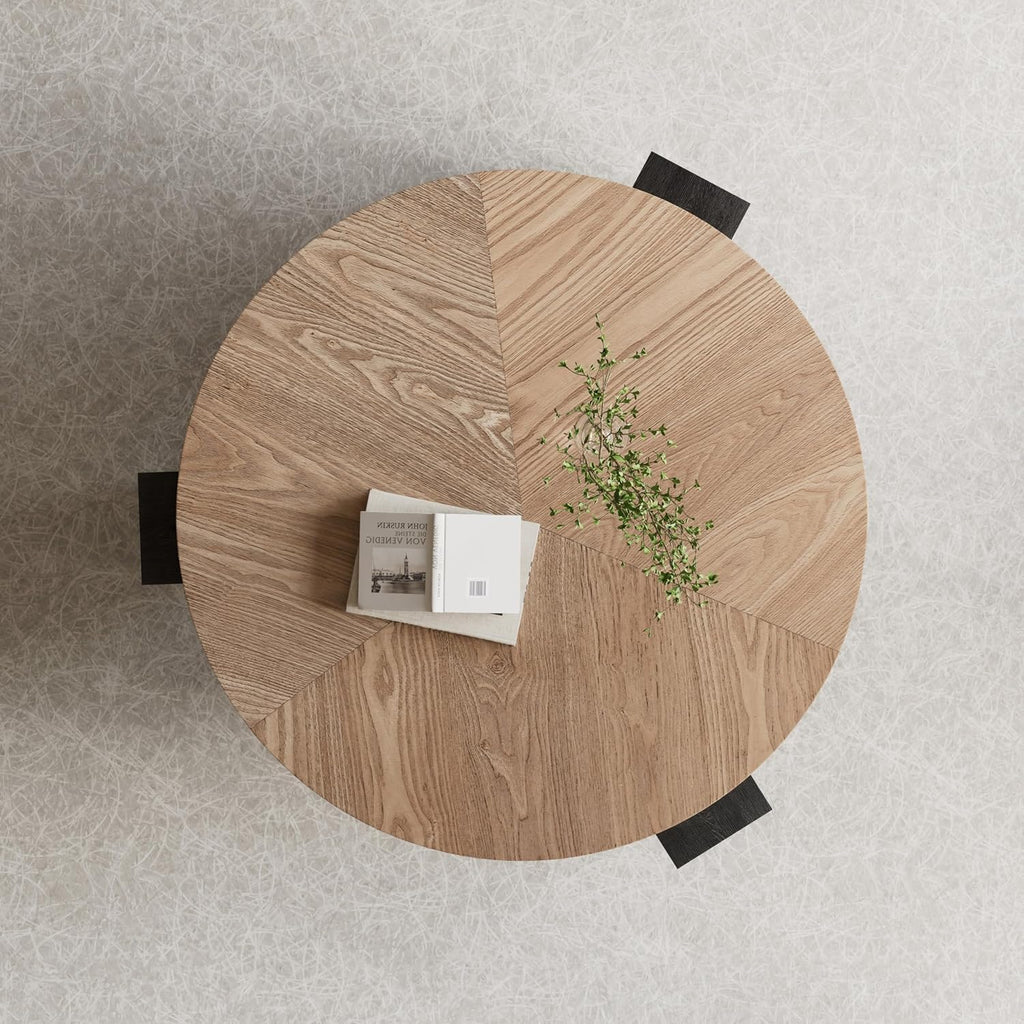 33'' Round Coffee Table with Hidden Storage, Modern Wood Veneer Top, 3 Block Legs Sturdy Center Accent Table for Living Room, Small Space, Natural Wood & Black