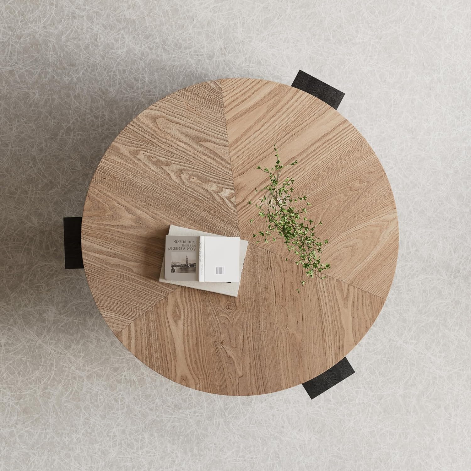 33'' Round Coffee Table with Hidden Storage, Modern Wood Veneer Top, 3 Block Legs Sturdy Center Accent Table for Living Room, Small Space, Natural Wood & Black