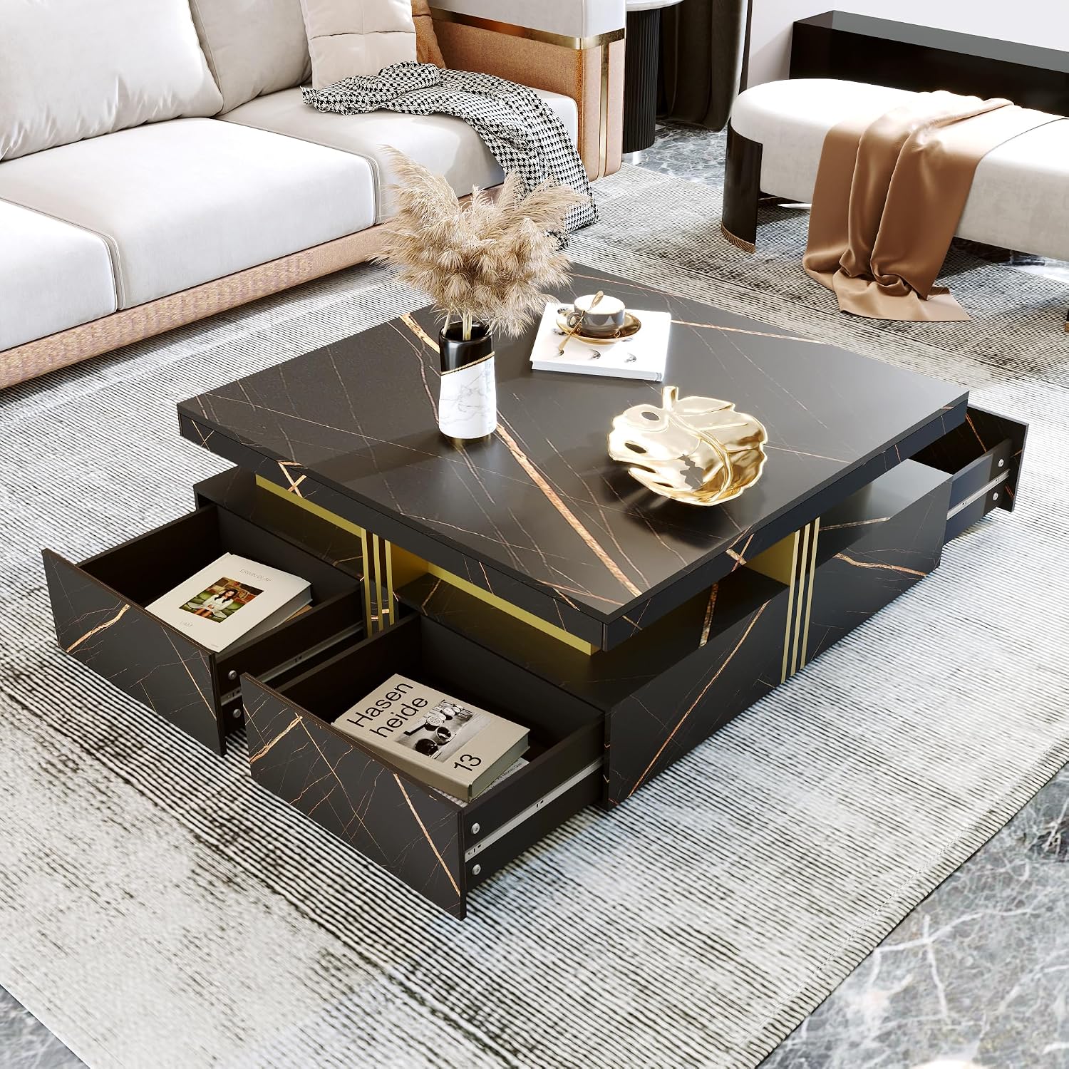 Merax Modern White and Gold Square Coffee Table with 4 Drawers, Ample Hidden Storage, Durable MDF Construction, Sleek Accent End Table for Living Room, Lounge, and Apartment Decor, Black