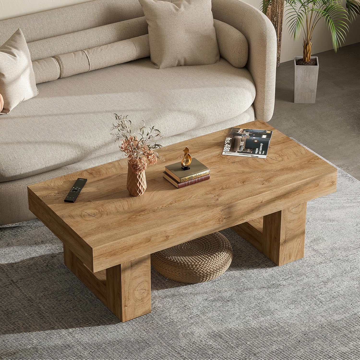 Rectangular Coffee Table, Heavy Duty Center Tables with Annual Ring Pattern, Farmhouse 42 Inch Wooden Coffee Table w Thick U-Shaped Base, Rectangle Side Tables for Living Room, Honey Brown