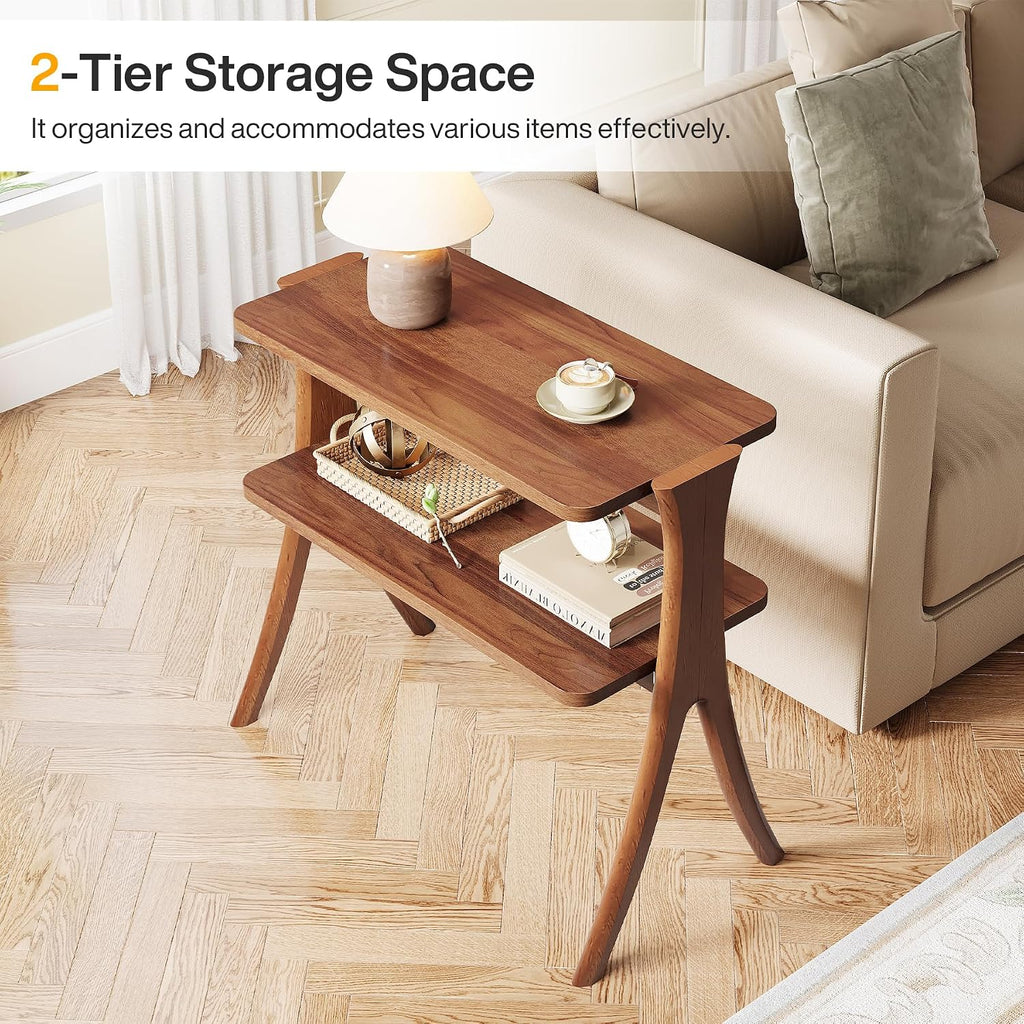 Tribesigns Walnut Side Table Set of 2, Narrow End Table with 2-Tier Storage Shelf and Solid Wood Legs, Slim Modern Bedside Table Nightstand for Living Room, Bedroom, Small Spaces (2)