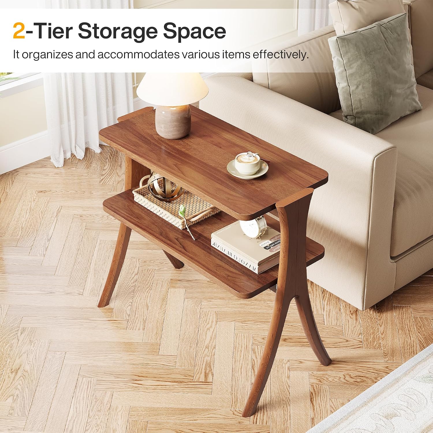 Tribesigns Walnut Side Table Set of 2, Narrow End Table with 2-Tier Storage Shelf and Solid Wood Legs, Slim Modern Bedside Table Nightstand for Living Room, Bedroom, Small Spaces (2)