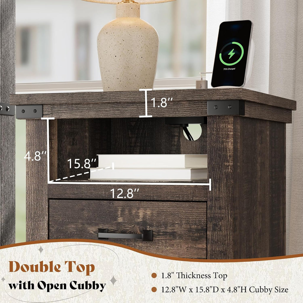 AMERLIFE Farmhouse End Table Set of 2, 18' Wood Night Stand with Charging Station & 2 Storage Drawers, Heavy Duty Bedside Nightstands for Bedroom, Living Room, Black Oak