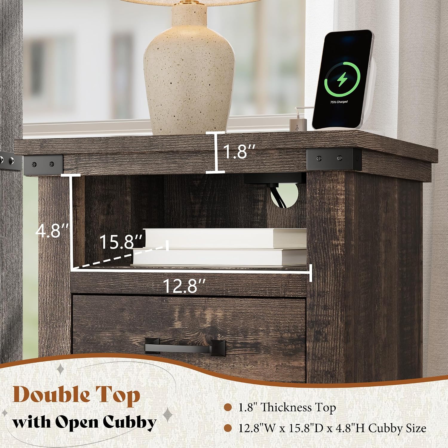 AMERLIFE Farmhouse End Table Set of 2, 18' Wood Night Stand with Charging Station & 2 Storage Drawers, Heavy Duty Bedside Nightstands for Bedroom, Living Room, Black Oak