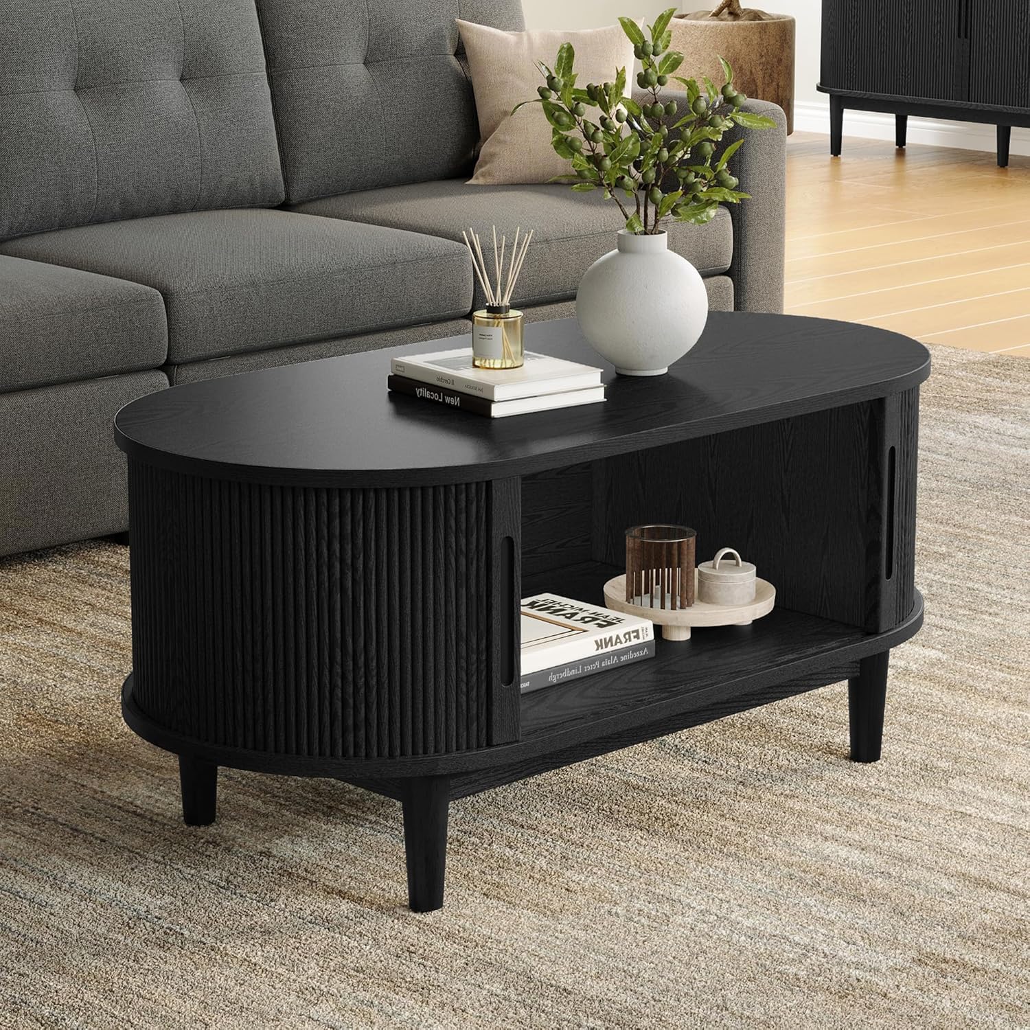 LINSY HOME Round Coffee Table, 31.5' Drum Coffee Table with Sliding Tambour Door, Fluted Accent Center Table with Storage, Mid Century Modern Coffee Table for Living Room (Oval Black)