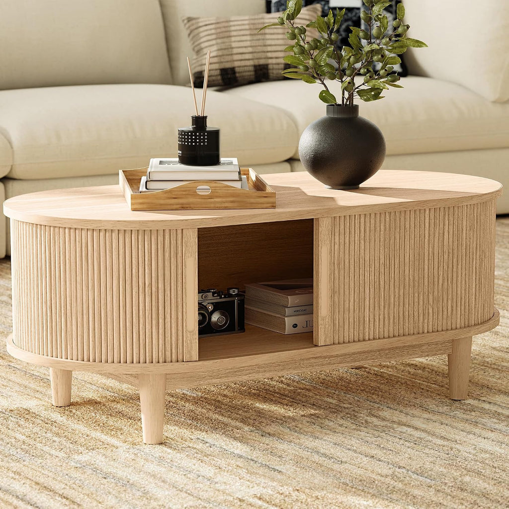 LINSY HOME Oval Coffee Table, Wood Coffee Table with Storage, Fluted Accent Center Table with Sliding Tambour Door, 39' Boho Coffee Tables for Living Room, Bedroom, Apartment, Oak
