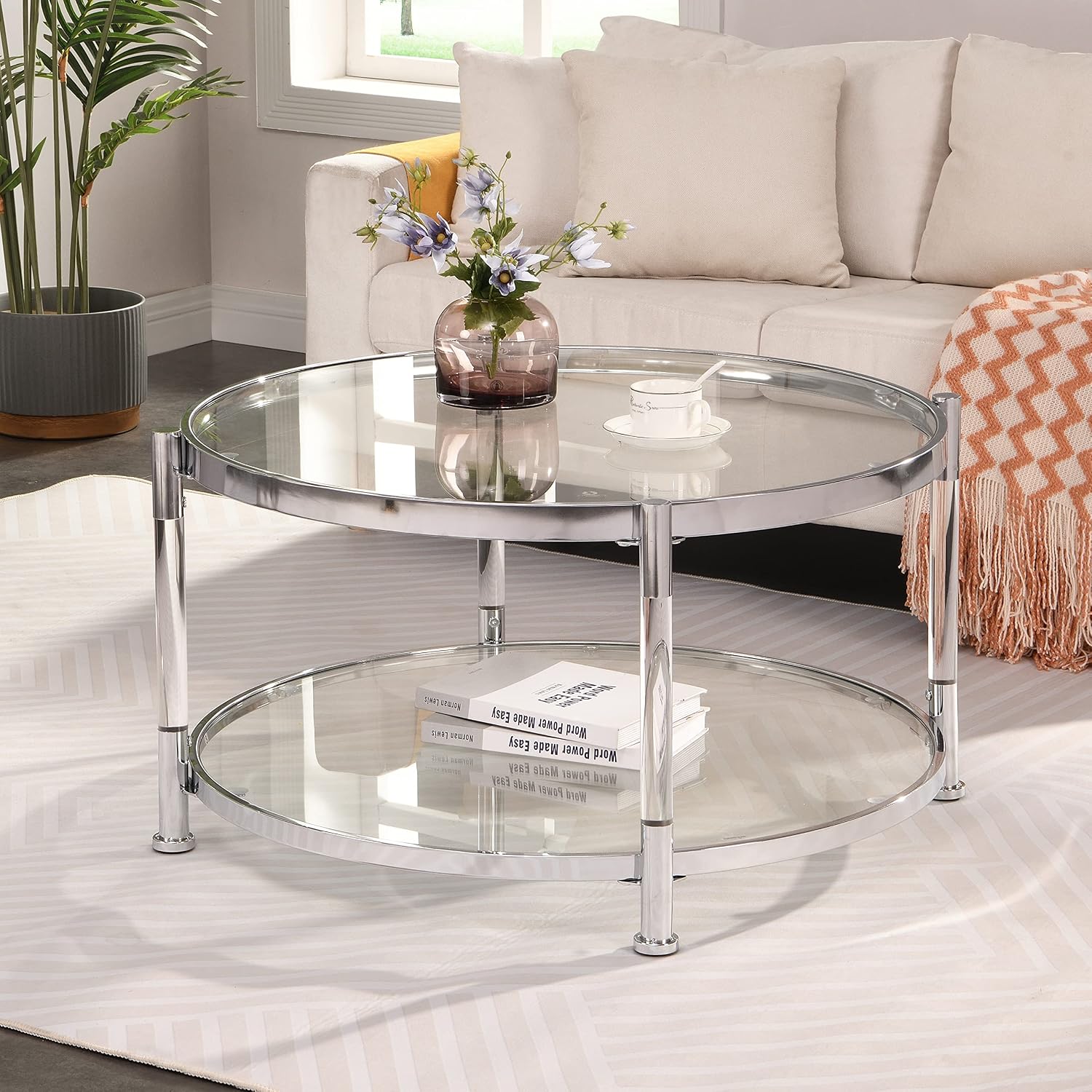 32' Tempered Glass Round Coffee Table Modern Chrome Frame Acrylic Legs Circle Living Room Center Tables