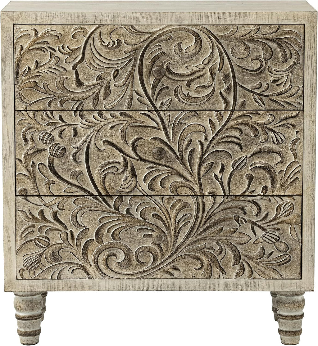 3 Drawer Farmhouse Dresser with Embossed Weathered Flower Motif, Vintage Nightstand for Bedroom, Almost Fully-Assembled, Boho, Weathered White