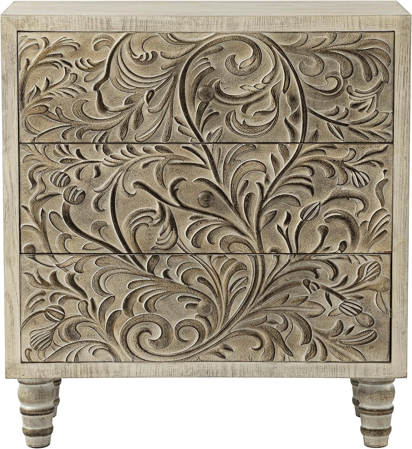 3 Drawer Farmhouse Dresser with Embossed Weathered Flower Motif, Vintage Nightstand for Bedroom, Almost Fully-Assembled, Boho, Weathered White