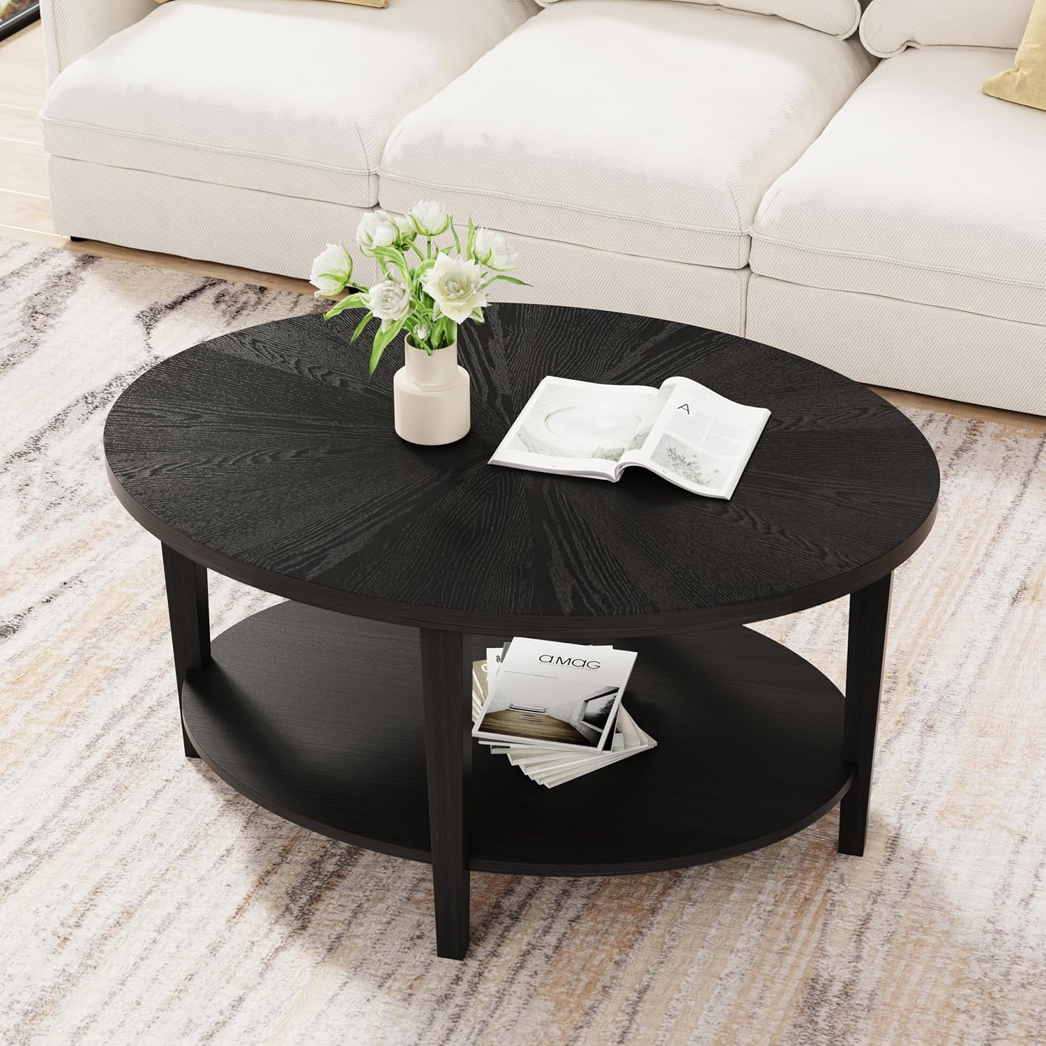 Solid Wood Oval Coffee Table for Living Room, 2 Tier Oval Rustic Coffee Table with Storage Shelf, Double Layer Center Table for Living Room, Easy Assembly Black