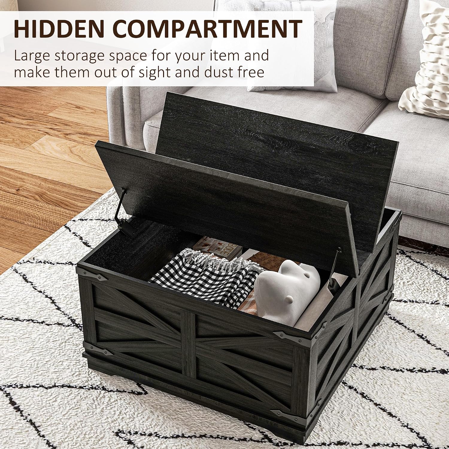 HOMCOM Farmhouse Coffee Table with Storage, Center Table with Hinged Lift Top and Hidden Space, Square Coffee Table for Living Room, Distressed Black