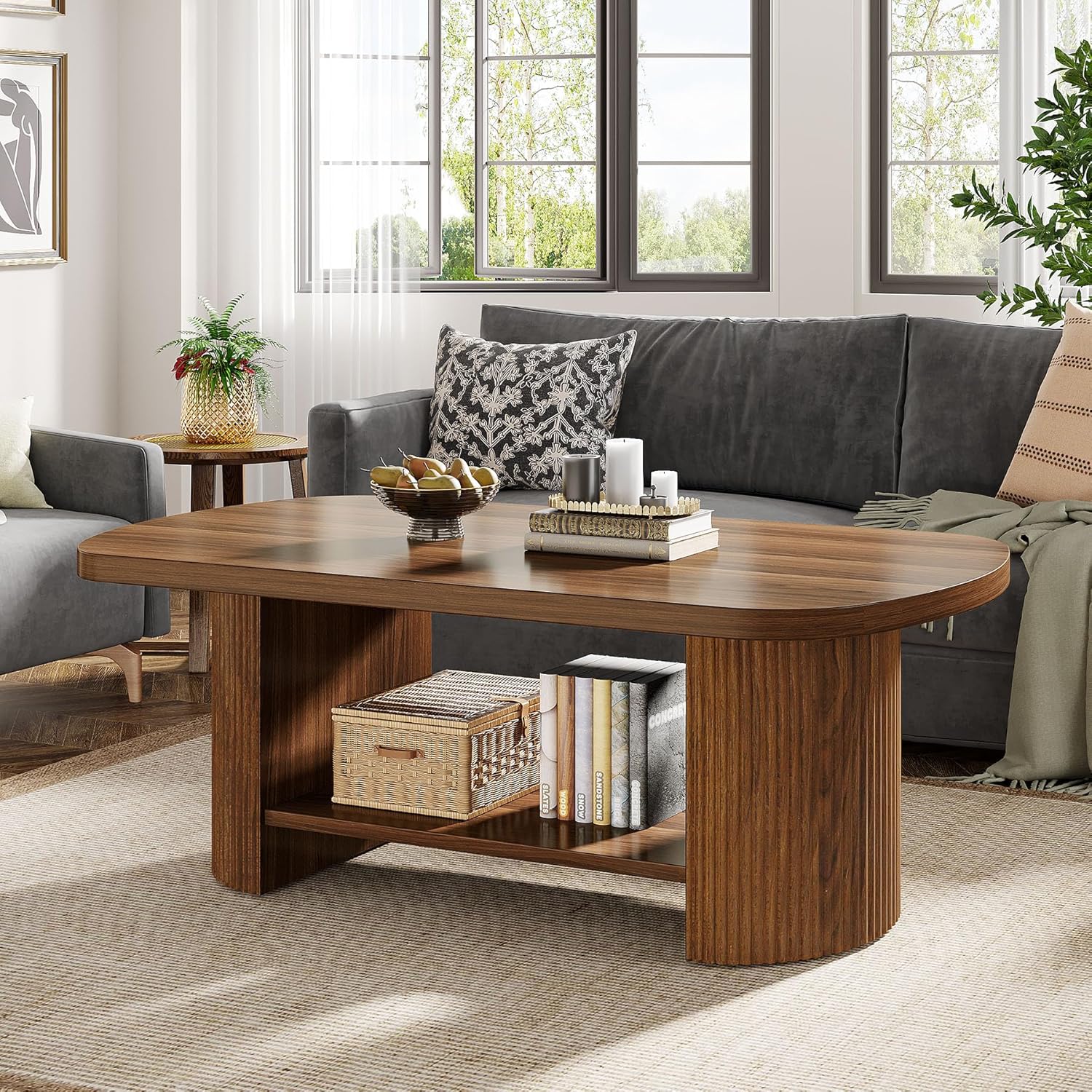 Tribesigns Oval Coffee Table, Mid-Century 2-Tier Coffee Table with Storage Shelf, Modern 45.27' Accent Center Table with Wooden Dual Base for Living Room Bedroom Apartment (Rustic Brown)
