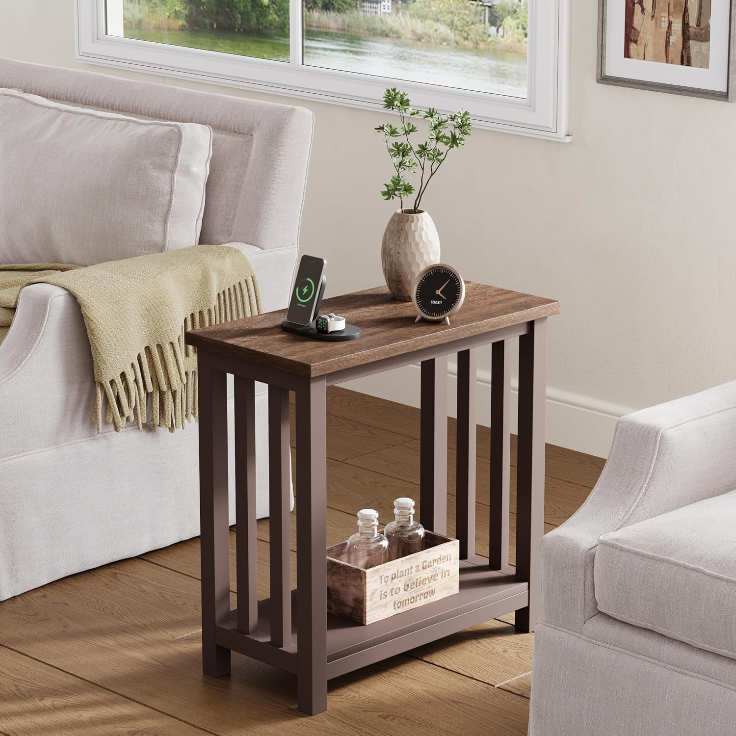ChooChoo Mission End Tables Set of 2, Narrow Side Tables for Small Spaces, Night Stands with Storage Shelf for Living Room and Bedroom, Espresso