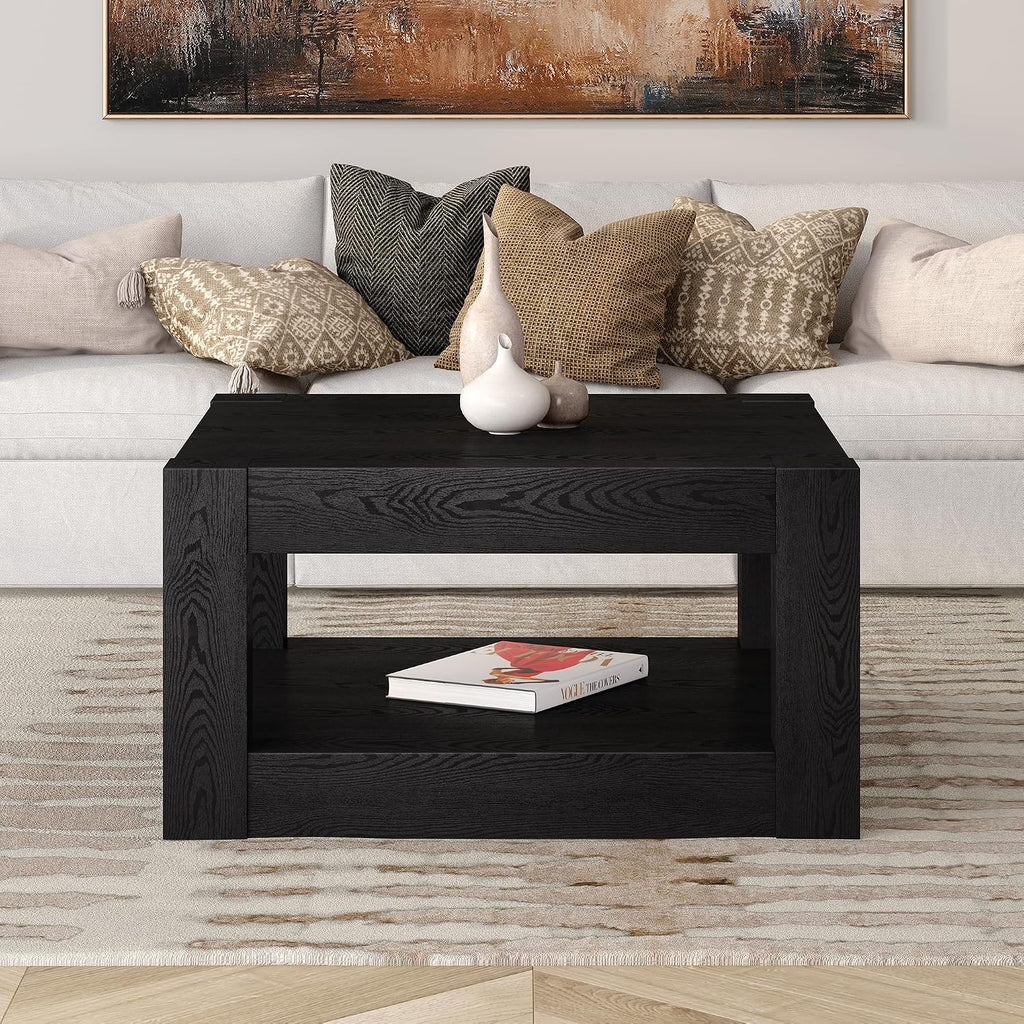 Henn&Hart 32' Wide Square Coffee Table in Natural Black, for Home, Living Room, Bedroom, Entertainment Room, Office