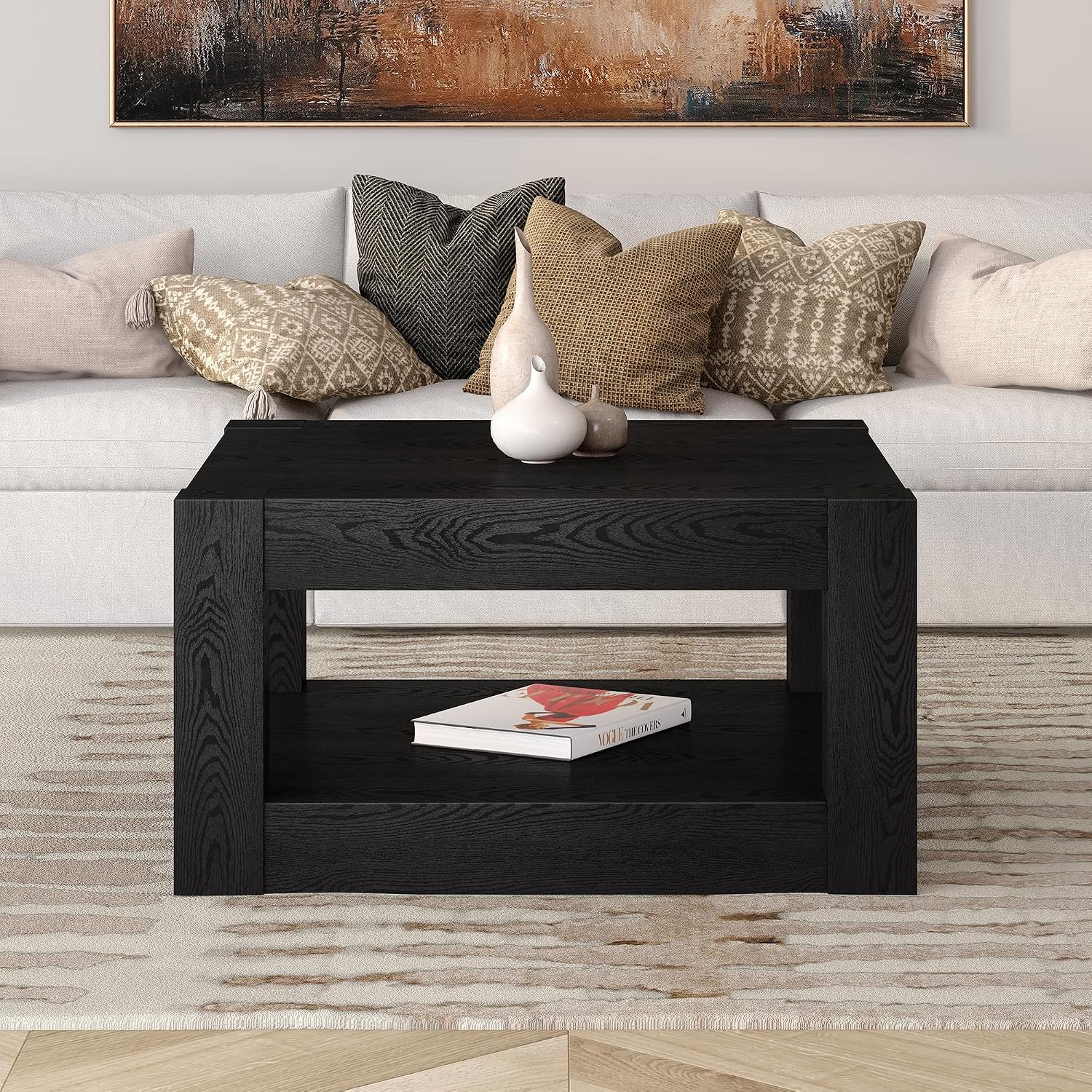 Henn&Hart 32' Wide Square Coffee Table in Natural Black, for Home, Living Room, Bedroom, Entertainment Room, Office