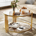 Modern Glass Coffee Table in 31.5', Asymmetrical Metal, Circular Metal Drum Base, Gold Finish & Lower Shelf